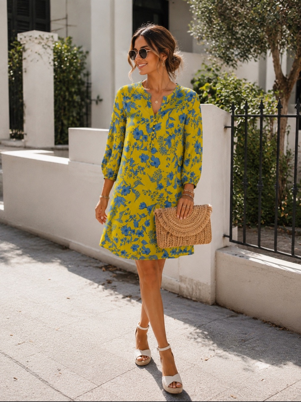 CAbi Yellow Blue Floral Mini Dress Small Long Sleeve Colorful Boho
